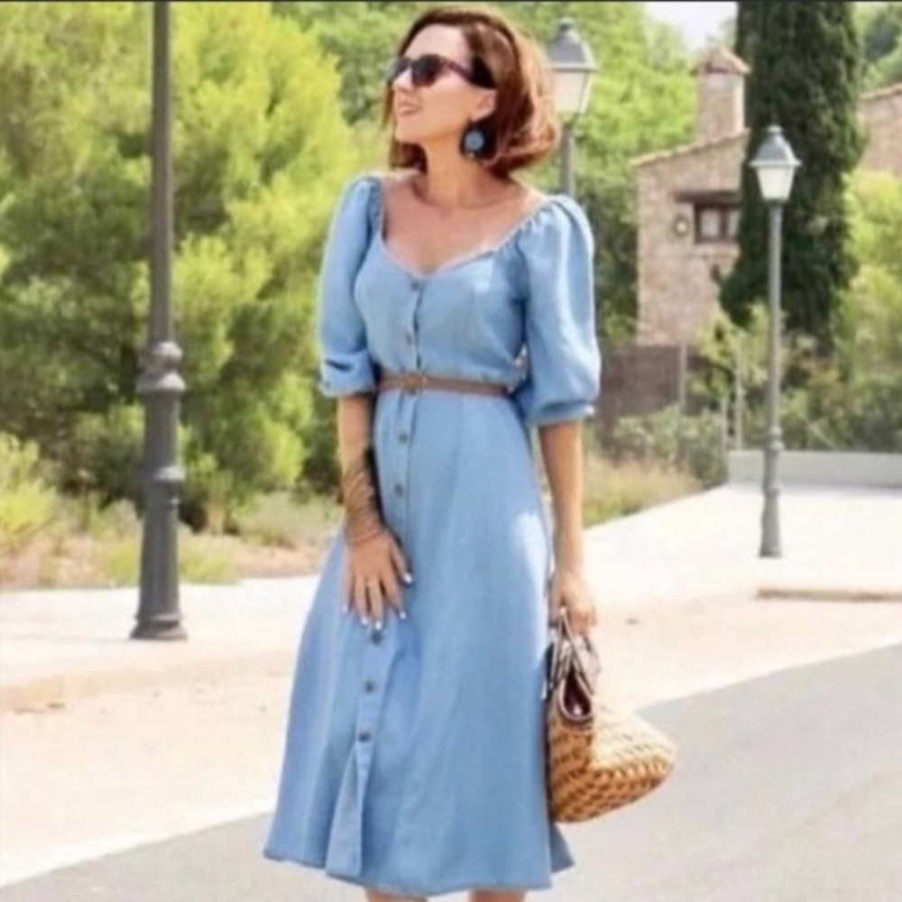 Zara Chambray Off Shoulder Midi Dress Bell Sleeves |Size XS | Bloggers Favorite - Picture 1 of 12